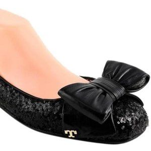 Tory Burch Sequin Divine Bow Flat Ballerina Black